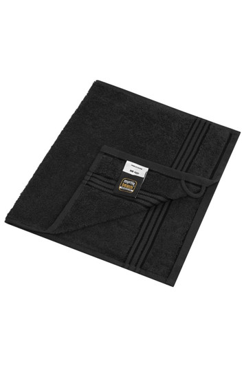 A black guest towel with a textured design and a small logo. The towel features a hanging loop for easy storage.