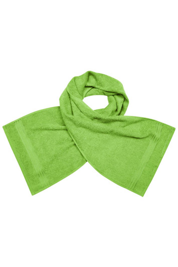 A green gym towel with a textured surface, featuring a logo and a folded design.