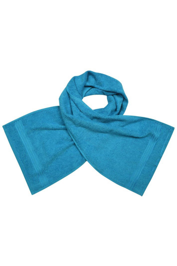 A turquoise gym towel with a soft texture, featuring a simple design and a logo.