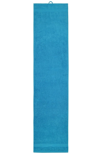 A blue sport towel with a hanging loop, designed for gym and outdoor activities. It features a branding logo.
