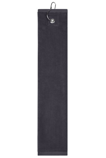 A golf towel in dark grey, featuring a hook for attachment and a sleek design. It has a logo on it.