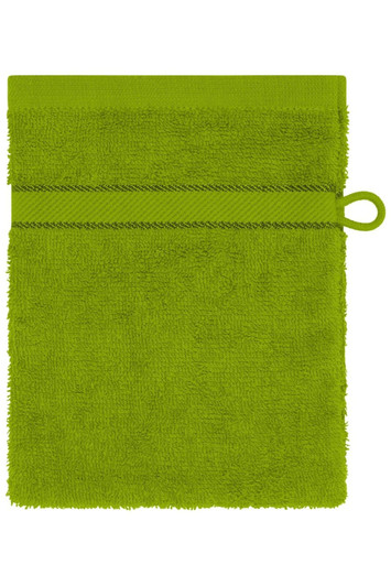 A green flannel towel with a textured surface and a hanging loop at the top. It features a decorative trim.