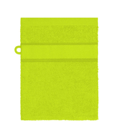 A bright lime green hand towel featuring a textured band and a loop for hanging, with a logo present.