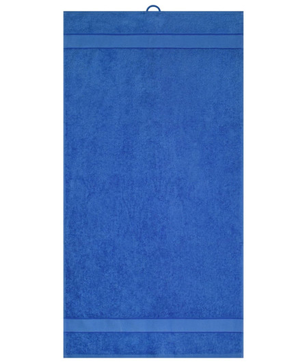 A blue hand towel featuring a loop for hanging and two striped accents. It has a soft, plush texture.