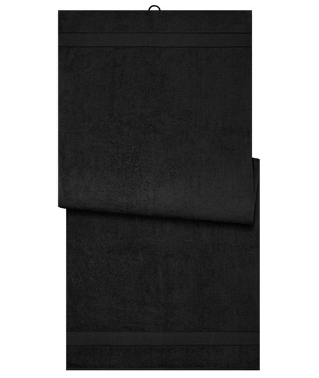 A black sauna sheet with a textured finish, featuring a small hanging loop and a folded section.