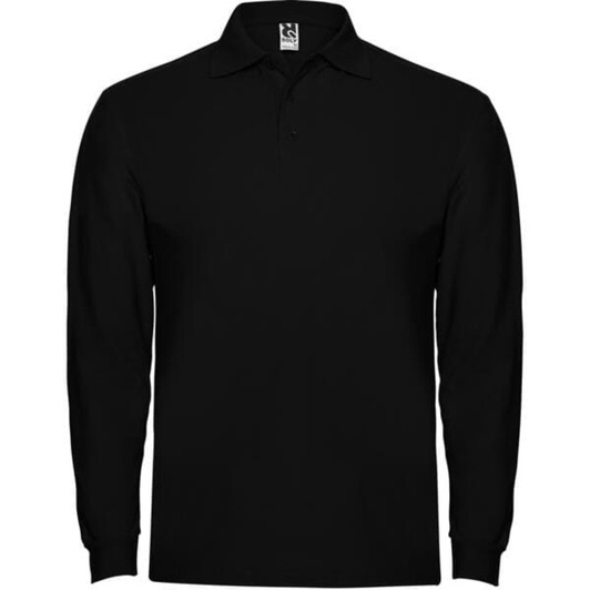 A long sleeve polo shirt in black, featuring a classic collar and a logo on the label.