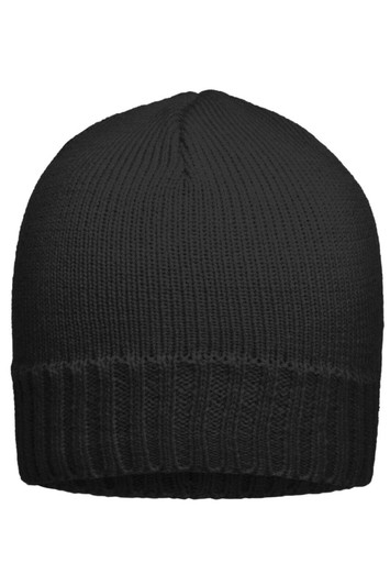 A black ribbed beanie with a folded brim, featuring a textured knit design.