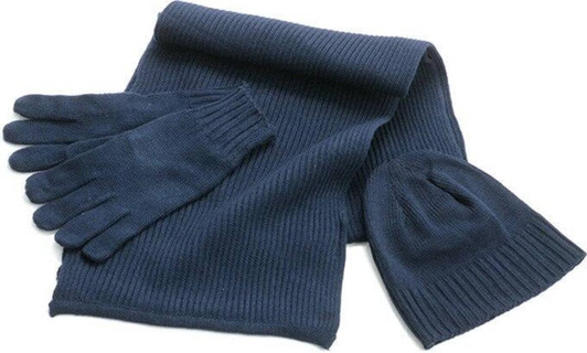 A navy blue ribbed beanie, gloves, and scarf set arranged together. The items have a uniform ribbed texture.