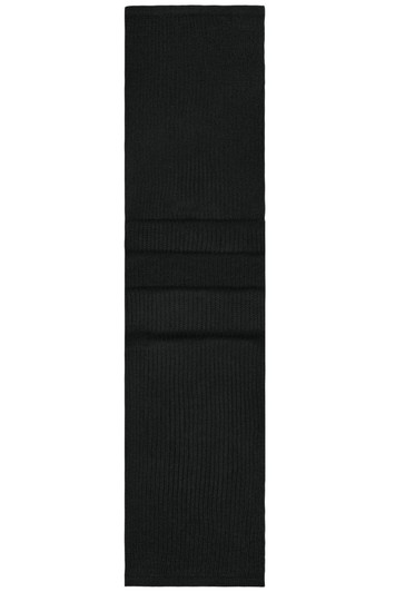 A black knitted scarf with a textured pattern, featuring subtle folds and a branding logo.