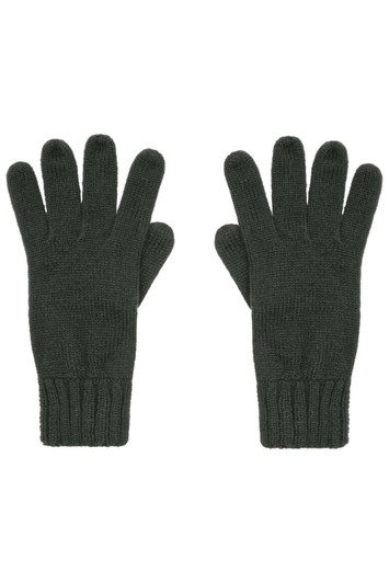 A pair of dark green knitted gloves displayed flat, featuring a ribbed cuff. The gloves have a textured design.