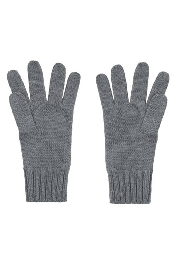 A pair of grey knitted gloves with ribbed cuffs, featuring a textured pattern and five fingers each.