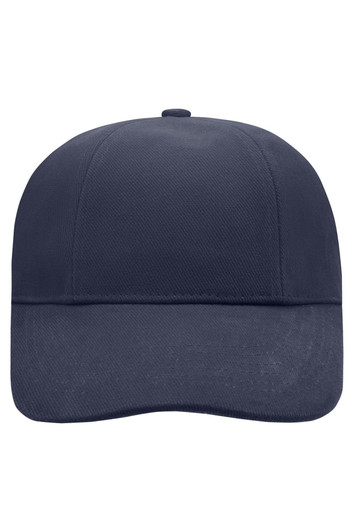 A navy blue six-panel cap featuring a curved brim and a logo.