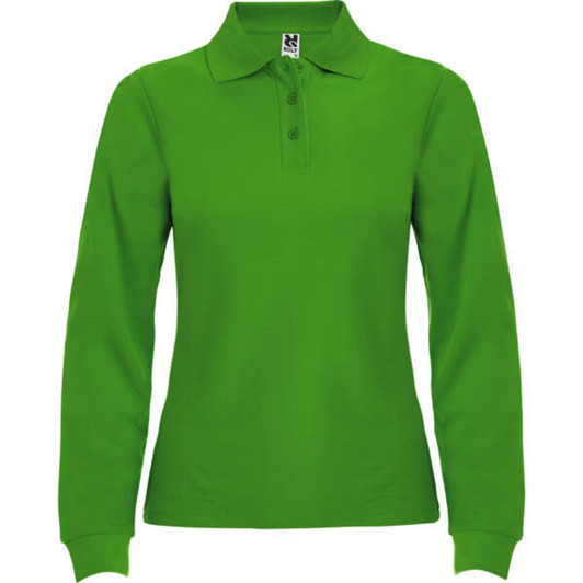 A long sleeve polo shirt in vibrant green with a collar and buttons, featuring a logo.