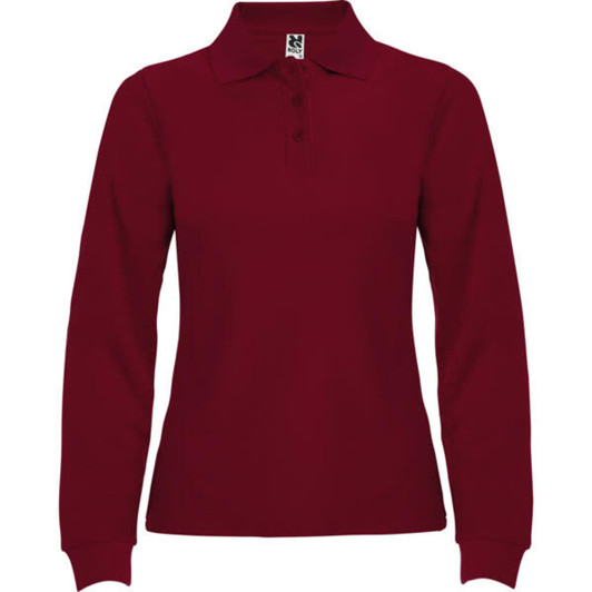 A burgundy long sleeve polo shirt for women featuring a classic collar and buttoned placket, with a logo present.