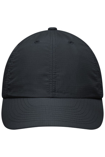 A black 6 Panel Coolmax® Cap featuring a structured design and a logo on the front.