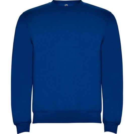 A blue sweatshirt with a round neckline and long sleeves, featuring a logo on the front.