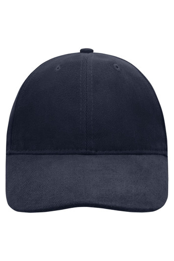 A navy blue six-panel cap featuring a soft lining and a structured design, with a logo on the front.