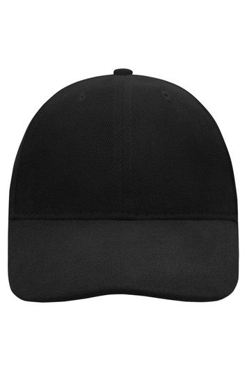 A black 6-panel cap with a soft lining and a rounded peak, featuring a logo on the front.