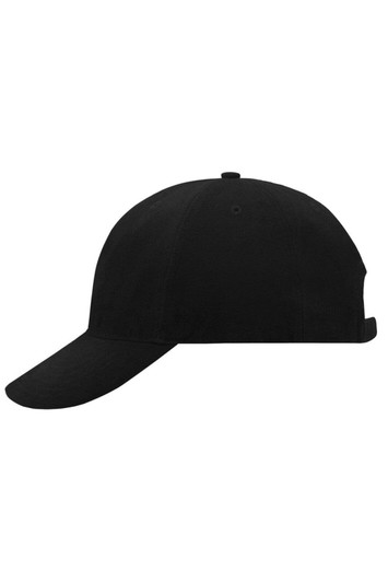A black 6-panel cap with a soft lining, featuring a curved brim and an adjustable strap at the back.