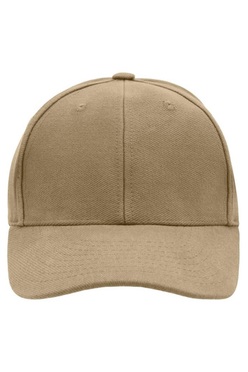 A beige 6-panel cap with a structured design and a round crown, featuring a logo on the front.