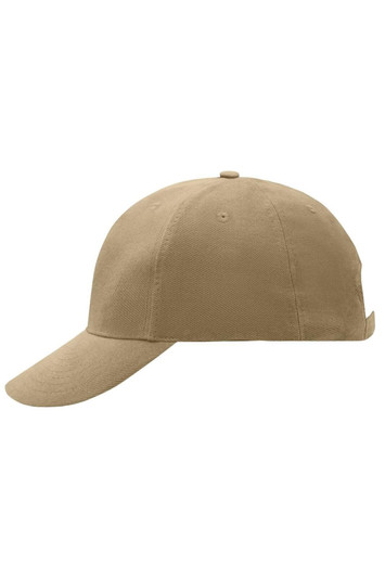 A 6-panel raver cap in tan colour, featuring a curved brim and a logo on the side.