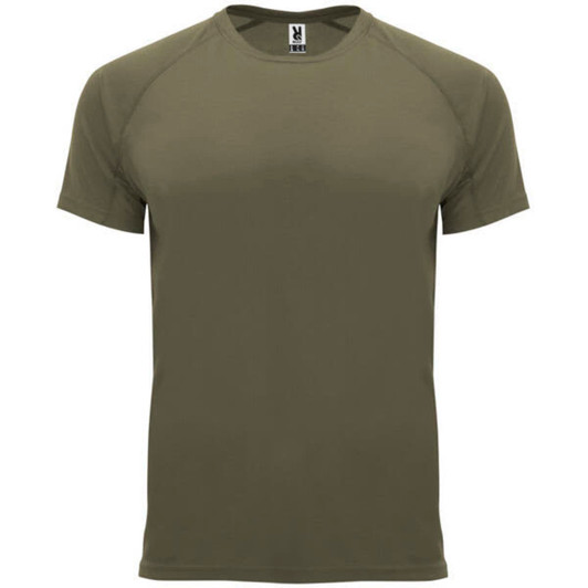 An olive green T-shirt with short sleeves and a crew neckline. It features a logo on the tag.