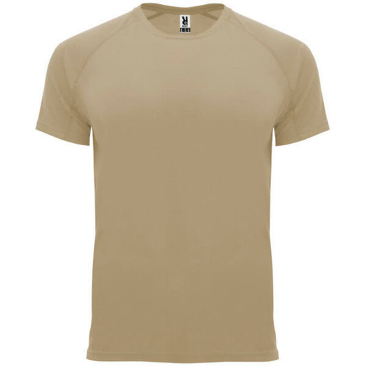 A beige T-shirt featuring a simple design and a label with branding at the neckline.