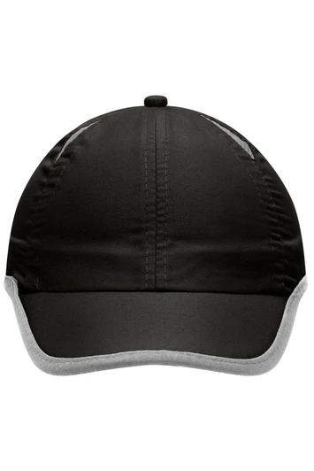 A black sports cap with a grey micro-edge brim, featuring a logo on the front.