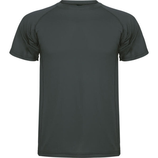 A dark grey t-shirt with short sleeves and a rounded neckline. It features a logo on the chest.