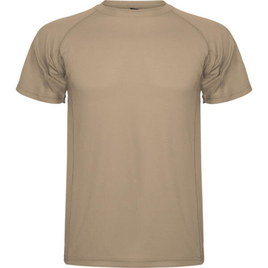 A beige Montecarlo T-Shirt with a round neck and short sleeves, featuring a logo on the design.