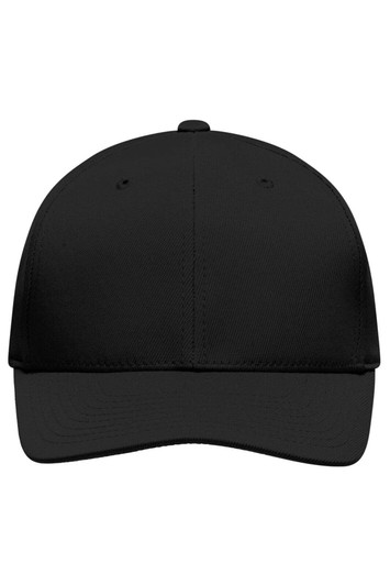A black High Performance Flexfit® cap with a rounded crown and a stiff brim, featuring a logo on the front.