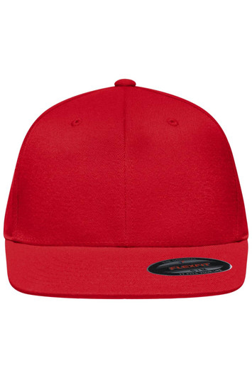A red Flexfit® Flat Peak Cap featuring a flat peak and a logo on the side.