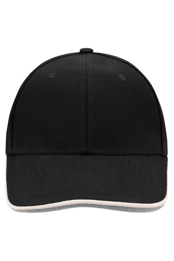 A black six-panel double sandwich cap featuring a curved brim and an internal logo.