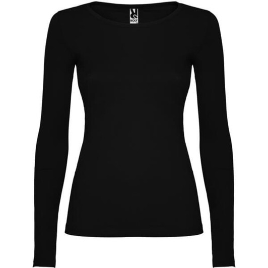 A long-sleeved women's t-shirt in black, featuring a fitted design and a logo at the neckline.