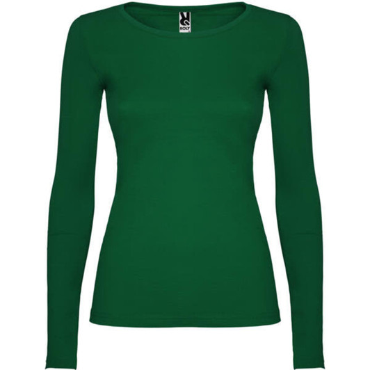 A green long-sleeved women's T-shirt featuring a fitted design and a round neckline. It includes a logo at the label.