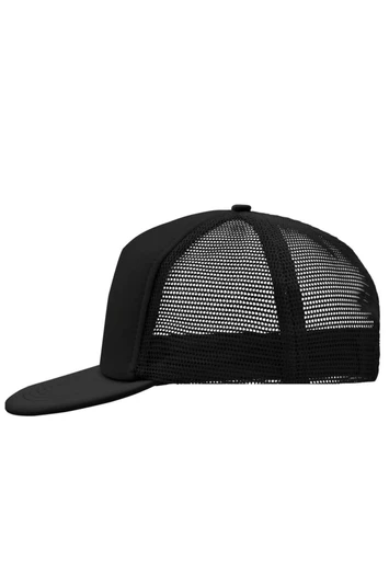 A black 5 panel flat peak cap with a mesh back and a curved brim, featuring a logo on the front.
