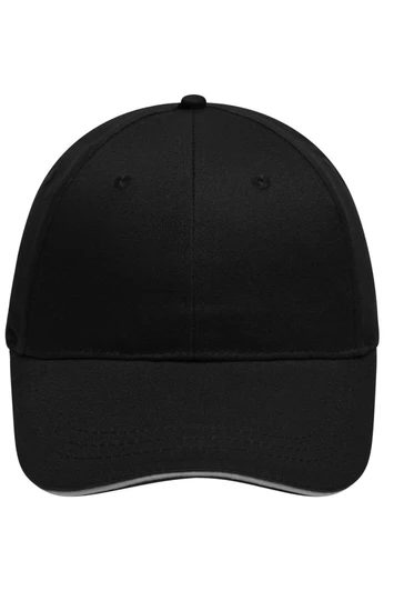 A black six-panel brushed sandwich cap featuring a curved peak and a logo.