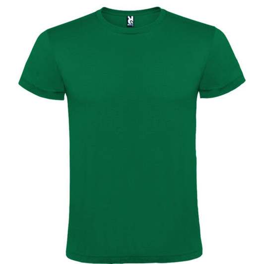 A green T-shirt with a crew neckline and short sleeves, featuring a logo on the collar.