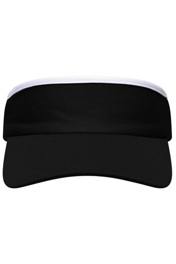A black sport sunvisor with a white band across the front and a curved peak, featuring a logo.