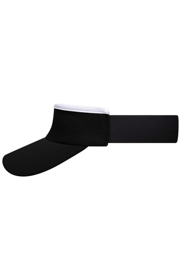 A black sun visor with a white underside and an elastic band for a snug fit. Features a logo on the side.