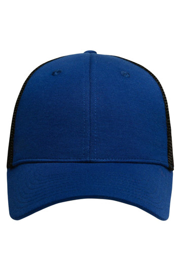 A blue cap with a black mesh back, featuring a curved brim and an adjustable fit. It has a logo on the front.