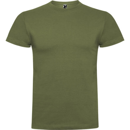 An olive green t-shirt with a crew neckline and short sleeves; features a logo at the collar.