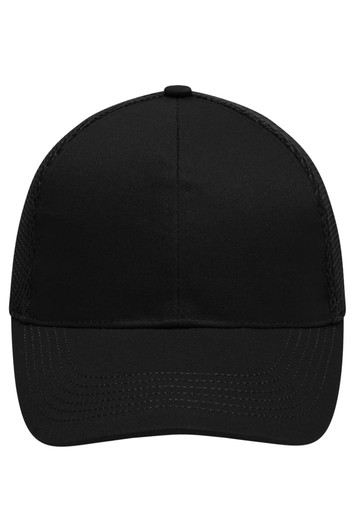 A black six-panel air mesh cap with a structured front and a curved visor. It features a logo on the front.