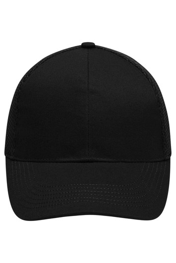 A black 6 panel air mesh cap with a rounded crown and a curved brim, featuring a logo on the front.
