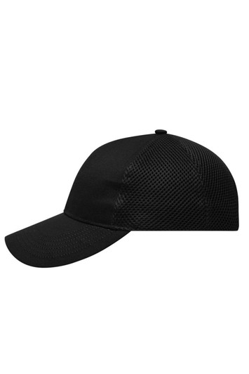 A black 6 panel air mesh cap featuring a curved brim and breathable mesh sides, with a logo on the front.