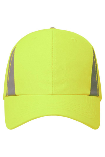 A safety cap in bright yellow with grey reflective stripes and a curved brim, featuring a logo on the front.