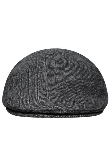 A grey herringbone cap with a rounded top and a small brim, featuring a logo on the side.