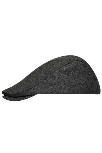 A grey herringbone flat cap with a rounded crown and a short, stiff brim. It has a simple design and a logo.