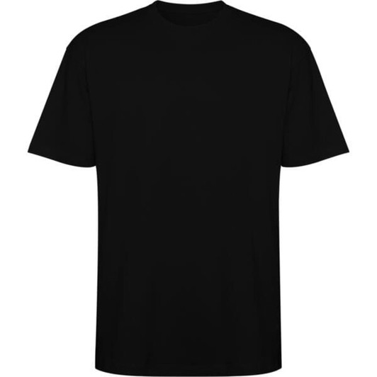 A black oversized T-shirt with short sleeves and a plain design. It features a logo on the front.