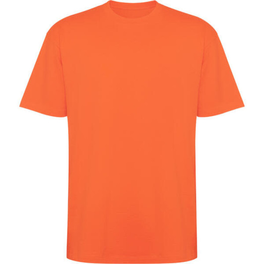 An orange oversized T-shirt. The shirt has short sleeves and a crew neck. It features a logo.